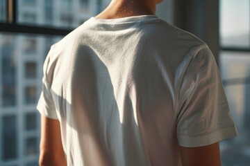 Poster - A man standing in front of a large window, creating a sense of reflection and contemplation. This image can be used to portray concepts of solitude, introspection, or even urban lifestyle