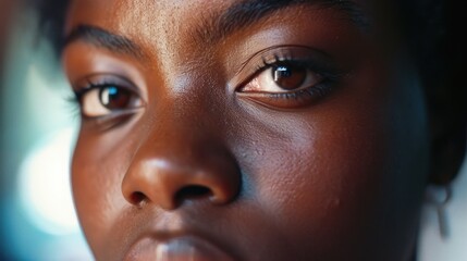Poster - Close-up shot of a woman's face with a cell phone in her hand. Perfect for illustrating technology, communication, and modern lifestyle concepts