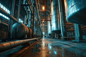Poster - A large industrial building with pipes and windows. This image can be used to depict manufacturing, production, or the energy industry