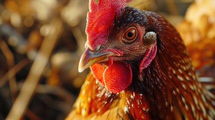 Wall Mural - Close-up shot of a rooster with a vibrant red comb. Perfect for farm or animal-themed projects