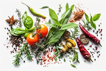 Poster - A collection of various herbs and spices displayed on a clean white surface. Perfect for food blogs, recipe websites, or culinary presentations