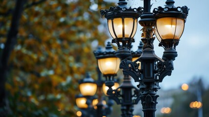 Poster - A city street with a row of street lights. This picture can be used to depict urban environments or as a background for various city-related concepts