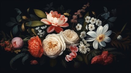 Wall Mural - Breathtaking floral elegance: exquisite bouquet on stylish black background – dark vintage aesthetic

