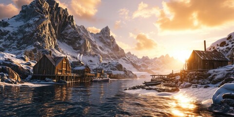Poster - A picturesque snowy mountain range with a river running through it. Perfect for outdoor and nature-themed projects