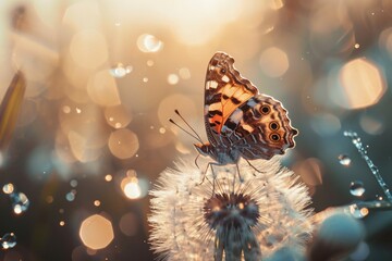 Poster - A butterfly perched delicately on top of a dandelion. Perfect for nature-themed designs and illustrations