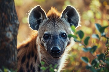 Poster - A close-up shot of a hyena standing near a tree. Perfect for wildlife enthusiasts and nature-themed projects