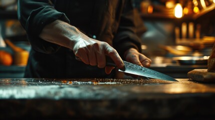 Poster - A person is cutting a piece of food on a cutting board. This image can be used to showcase food preparation or cooking