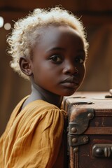 Poster - A little girl with blonde hair standing next to a suitcase. Perfect for travel or family-themed projects