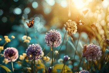 Poster - A beautiful butterfly gracefully flying over a vibrant field of colorful flowers. Perfect for adding a touch of nature and serenity to any project or design
