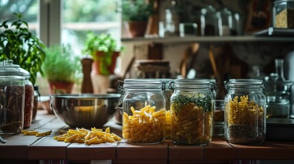 Poster - A picture of a wooden table with various jars filled with food. Perfect for showcasing homemade preserves or displaying a rustic farmhouse aesthetic