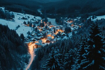 Poster - A picturesque small town nestled in the middle of a snowy mountain. Perfect for winter-themed projects or travel brochures