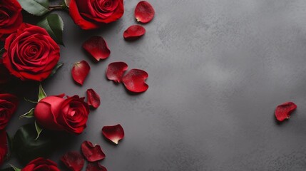 Wall Mural - Vibrant red roses and petals on elegant grey background, stylish flat lay floral composition

