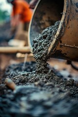 Poster - A person is shown pouring cement into a bucket. This image can be used to depict construction, DIY projects, or home improvement