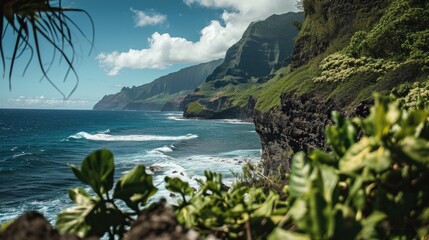 Poster - A breathtaking view of the ocean seen from a cliff. Perfect for travel websites and nature-themed designs