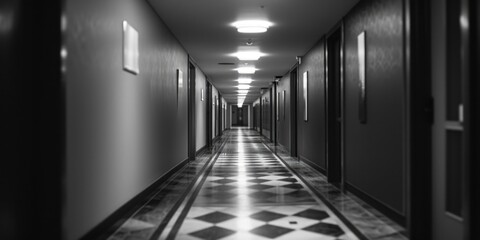 Poster - A black and white photo of a long hallway. Can be used for architectural or interior design purposes