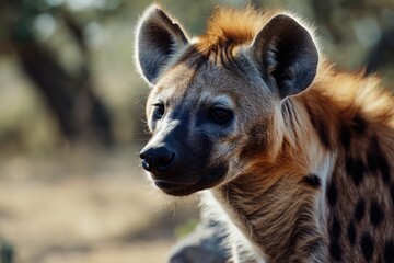 Poster - Close up view of a hyena's face with trees in the background. This image can be used to depict wildlife, nature, or animal behavior