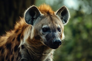 Poster - A detailed close-up shot of a hyena's face with trees in the background. Perfect for nature enthusiasts or wildlife-themed projects