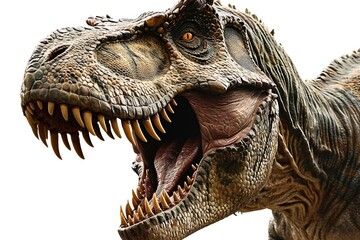 Poster - A close up view of a dinosaur with its mouth wide open. This image can be used to depict the ferocity and power of dinosaurs in educational materials or in movie posters and advertisements