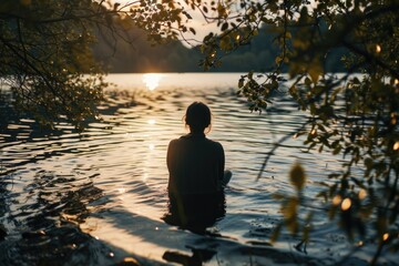 Poster - A person is seen sitting in a body of water. This image can be used to depict relaxation, tranquility, or enjoying the outdoors