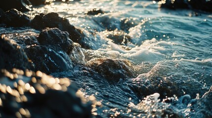 Wall Mural - A close-up view of a body of water near rocks. This image can be used to portray the beauty of nature and the calming effect of water.