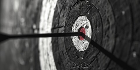 Poster - A bulls eye target with an arrow in the center. Ideal for illustrating precision, accuracy, and hitting the mark. Suitable for business, marketing, and goal-oriented concepts