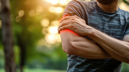 Wall Mural - Pain and Perseverance: Athlete Clutches Injured Elbow - The Toll of Physical Activity in the Warm Glow of Sunse