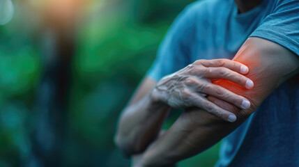 Wall Mural - Pain and Perseverance: Athlete Clutches Injured Elbow - The Toll of Physical Activity in the Warm Glow of Sunse