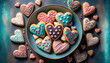 Heart shaped delicious cookies in a plate. Top view. Valentines day concept.