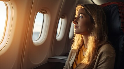 The airplane interior is well-lit, and passengers settle into their seats,white female finds her assigned seat, stows her backpack, and looks out the window, ready for the adventure that await