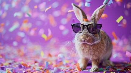 Wall Mural - Happy easter bunny on fashion glasses on purple background 