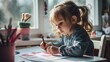 Smart small Caucasian girl child sit at table at home write in exercise book prepare homework for school. Little kid handwrite in notebook do task assignment. Learning, education concept.