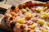 Fototapeta  - Neapolitan pizza with pineapple and ham. Hawaii neapolitan closeup