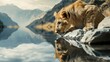 A lion drinks water and looks at his reflection against the backdrop of mountains and wild nature. fortitude and endurance of a predator
