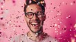 © Hope - Photo of lucky excited boy  dressed glamour clothes rising fists celebrating christmas isolated pink color background. Happy Young man on glasses screaming on festival.