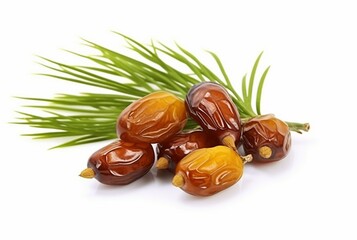 Wall Mural - dried date palm fruits with green leaves isolated on white background. generatif ai