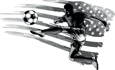 Sticker - monochromatic illustration of soccer player with american flag