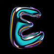 Shiny 3D letter E in holographic balloon bubble style. Metallic surface with reflective gloss. Isolated volumetric rendering, Y2K retro futuristic vector for modern design