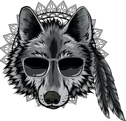 Wall Mural - monochromatic illustration of wolf head with sunglasses