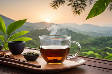 Wall Mural - A hot and smoke tea with glass cup on wooden and peaceful view point in morning scene with isolated in a light color background