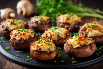 homemade cheese stuffed mushrooms appetizers served as party snack closeup