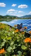Butterfly on solar panel with flowers in foreground