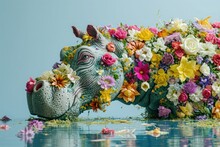 Colorful Hippo With Spring Flowers. AI Generative Art	