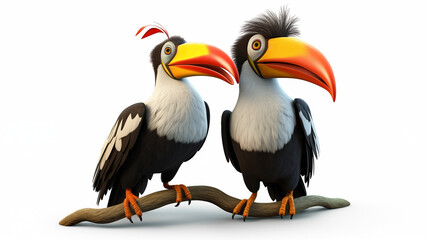 Wall Mural - 3d cartoon of couple toucan birds on the branch in white background