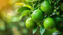 Limes Tree In The Garden Are Excellent Source Of Vitamin C. Green Organic Lime Citrus Fruit Hanging On Tree 