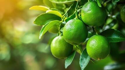 Sticker - limes tree in the garden are excellent source of vitamin C. Green organic lime citrus fruit hanging on tree 