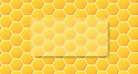 Poster - Glassmorphism background banner with transparent glass frame. Honeycomb background with square blurry glass effect. Hexagonal honeycomb