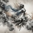 a woman's form floating across an image with smoke