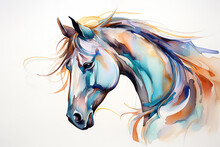 Beautiful Watercolor Painting Of A Horse Head On A White Background. Mammals, Wildlife Animals. Illustration, Generative AI.