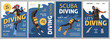 Divers cards. Cartoon men and women in scuba gear, deep sea explorers banner design, oxygen tanks, underwater masks and fins, extreme sport advertising flyers template, tidy vector set