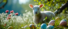 Funny easter concept holiday animal greeting card. Sheep and Easter eggs on the meadow with blooming flowers